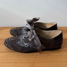French Sole shoes size 38 5 grey silver glitter gems ribbon lace up brogues flat