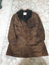 Vintage Leather Suede Coat Long Sleeve Fur Lined Back Belt Size 12 Prop Dress Up