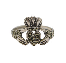 Irish Sterling Silver Marcasite Set Claddagh Sweetheart Ring Vintage 1981 Dublin