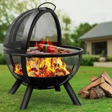 Large Outdoor Fire Pit Globe with BBQ Grill Heavy Duty Steel 35" Patio Heater