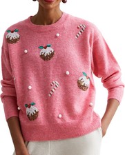 Christmas Pudding Sequin Womens Christmas Jumper Pink Sweatshirt Long Sleeve