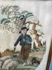 Antique 1700s/1725s Silk Framed Hand Embroidery Shepherd / Sheep & Dog Picture