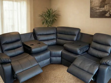 Black Leather Recliner Corner Sofa with Drop Down Cup Holders | Free UK Delivery