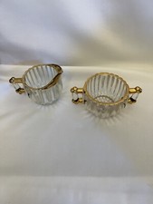 Sugar Creamer Set Clear Ribbed Glass Gold Trim Hobnail Bottom Vintage Jeanette