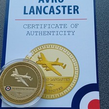 RAF AVRO LANCASTER ROYAL AIR FORCE 44m ENAMELLED GOLD PLATED MEDAL - coa