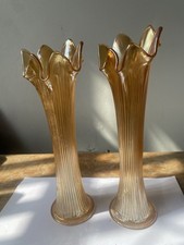 Pair Of Fine Rib Fenton Carnival Glass Vase - 10 Inch Tall ExcellentCond Vintage