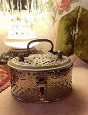 Old Brass Oval Shaped Jali Cut Engraved Solid Jewellery Box