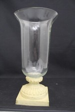Antique Glass Hurricane Lamp With Cream Painted Metal Base