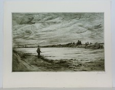 Hermann Fischer: etching "Am Main" autographed