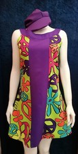 Ladies CND Purple & Green 60s 1960s Style Costume Fancy Dress Size M 14 & Hat