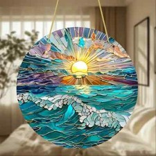 Abstract Ocean Sunset Coastal Suncatcher Stained Glass Effect Hanging Decor Gift