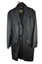 MDK Womans Long Trench Mac Leather Black Jacket SIze L Button long Trench