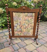 Antique Wood Fire Guard Screen Barley Twist Embroidery Tapestry Country Cottage
