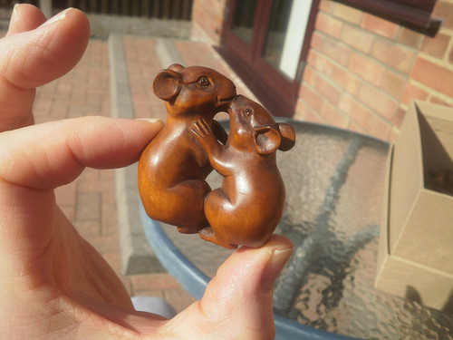Hand carved wood netsuke mice - netsuke,