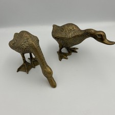 Pair Vintage Brass Ducks Standing Feeding Large Heavy MCM Home Decor Cottage
