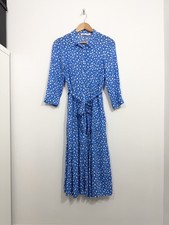 Zara Marilyn Dress Size S Blue Spot Print A Line Shirt 3/4 Sleeve Tie Waist