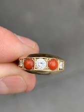 9ct Gold Coral Five Stone Ring, Victorian 9k 375