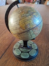 Vintage 1930s British Made tin plate globe with facts around the base.