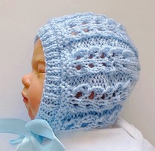 Baby boy blue Lace Hand Knitted Bonnet With Satin Ribbons 0.3 Months