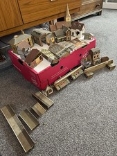 Large Lot Of Vintage Cardboard Train Set Buildings Platform Station Village Etc