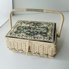Vintage Woven Wicker Sewing Basket Box With Tapestry Floral Hinged Lid