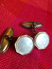 antique gold coloured metal hexagonal mother of pearl men's cufflinks