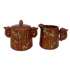 Brown Ceramic Foreign Squirrel Creamer & Sugar Bowl Set – Pinecone Detail
