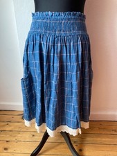BNWT Ewa I Walla 100% Linen Blue Skirt With Grid Detail in Red & White O/S