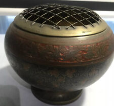 INDIAN BRASS Rose Flower POT POURRI Bowl  VASE Hand Etched Flowers RED Enamel