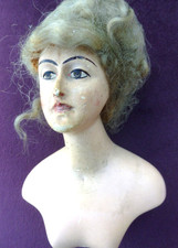 5" PLASTER/CHALKWARE 1900S GIBSON GIRL HALF DOLL BUST MOHAIR WIG BISQUE ARMS
