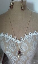 Vintage Joyas Anuka Gold Tone Red Bead Stone Dangly Pierce Earrings Necklace Set