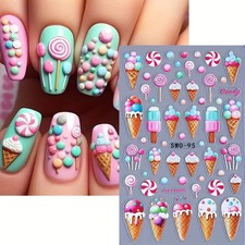 Nail Art Stickers Decals 5D Ice Cream Lollipop Candy Cute Pastel Sweet Design