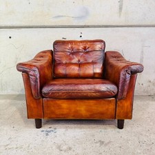 1970s Danish Rustic Tan Leather Armchair – Full-Grain Buffalo Leather #A559