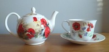 Roy Kirkham Fine Bone China  Poppy Teapot & Large Cup & Saucer English Meadow