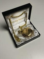 Philip Mercier Gold Tone Pocket Watch with Chain & Box – Quartz, Battery Flat