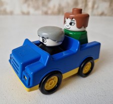 Vintage Lego Duplo set, blue car, man driver / woman passenger, 3 piece set