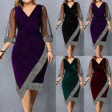 Plus Size Women Floral Mesh Midi Dress Velvet Evening Cocktail Party Ball Gown