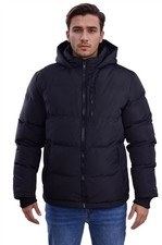 Mens Plain Black Lined Hooded Quilted Padded Jacket Coat Fleece Lined Pockets