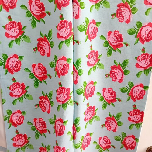 Curtains blue pink roses - blue,