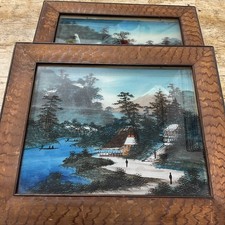 Pair Antique Japanese Reverse Glass Painting Oriental  Wall Art Wooden Frame