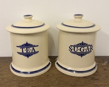 1869 VICTORIAN POTTERY TEA SUGAR CERAMIC STORAGE JARS & LIDS CREAM BLUE 