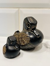 Pair Vintage  hand-carved Wooden Black & Gold Ducks. Solid Wood Mother & Baby