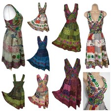 Patchwork Dress Knee Length Sleeveless Embroidered Smocked One Size 10 12 14