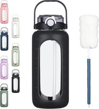 BLUEGO 2000ml Glass Water Bottles with Straw Time Marker Half Gallon Large Moti