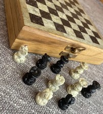 Vintage Wooden Case Travel CHESS SET Complete Black Cream Movers Marble Top 6.5”