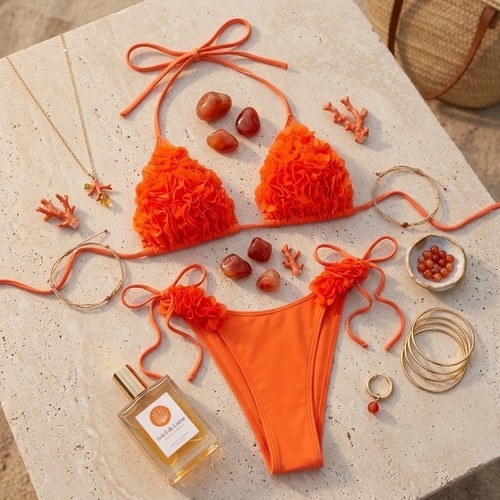 Orange ruffle floral bikini - floral,
