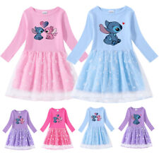 Kids Girls Stitch Stars Tulle Princess Party Fancy Tutu Dress Long Sleeve Dress.