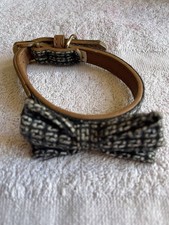 Small Dog Brown Leather 11 Inch Bow Collar Tartan B&W Check Unused Terrier