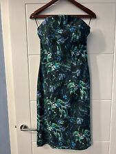 ERDEM Saskia mid length tree print green/blue strapless dress UK10