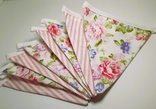 Fabric bunting shabby chic, pink and white, floral and stripes, nursery decor